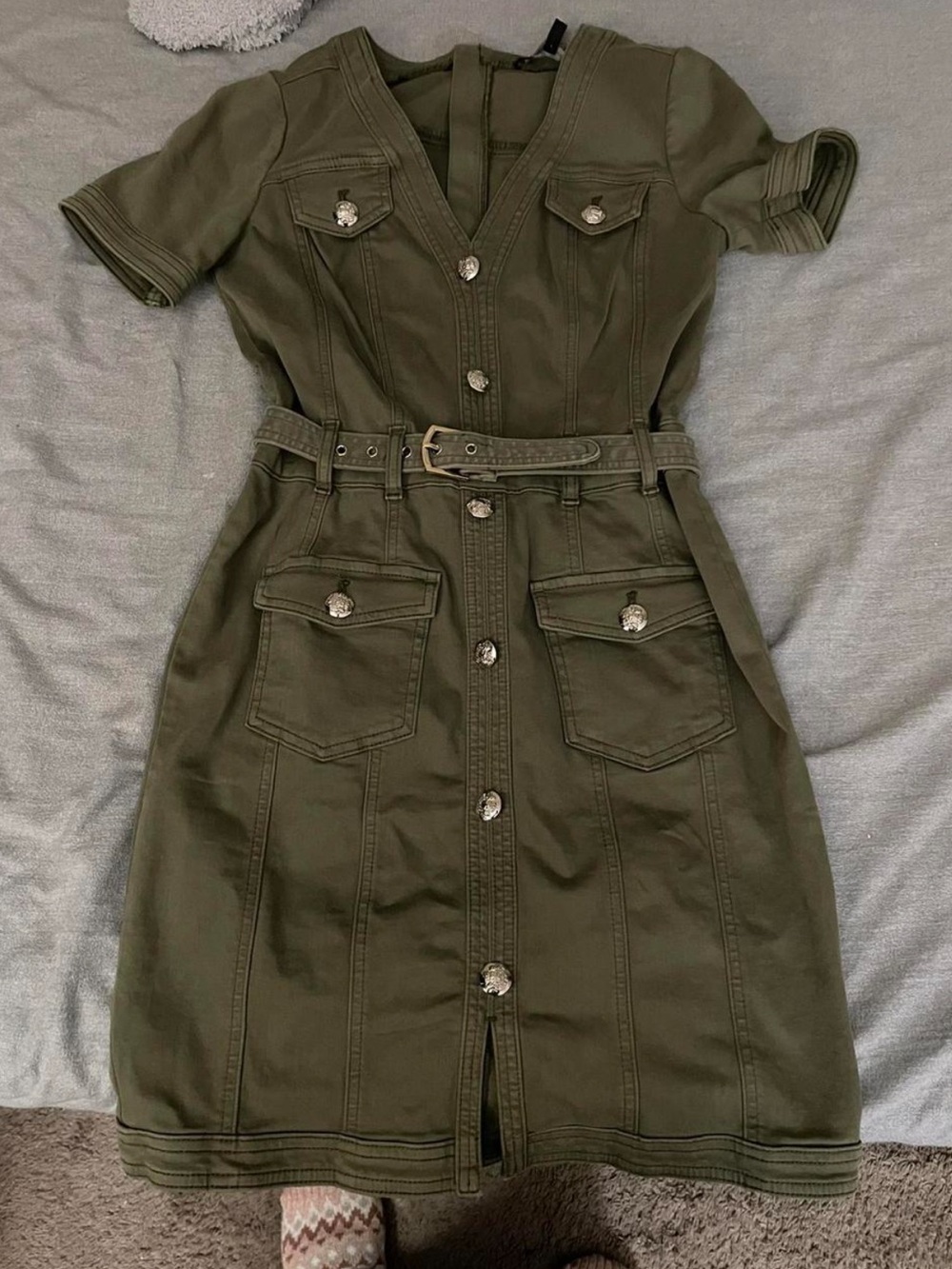 White House Black Market Olive Green Button-Front Utility Dress with Belt